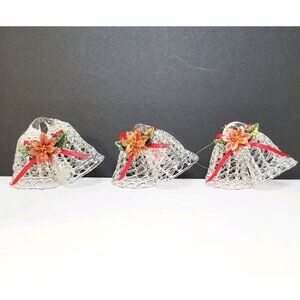 3 Vtg Silvestri Clear Spun Glass Bells Poinsettia Floral Christmas Ornaments